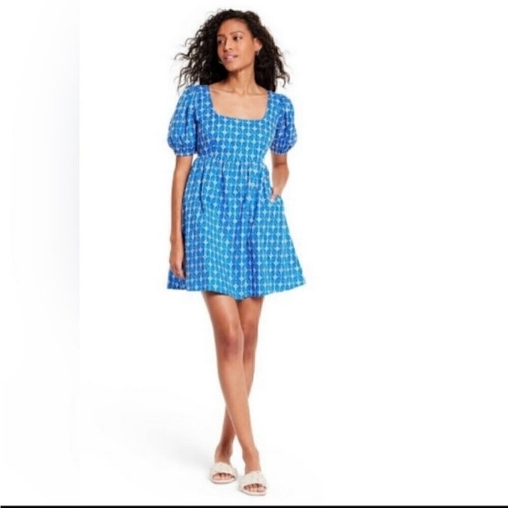 Rhode X Target Blue Puff Sleeve Short Eyelet Mini Dress XXS